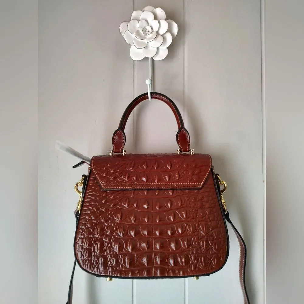Brown Structured Crocodile Pattern Leather Handbag Shoulder. Quiet Luxury